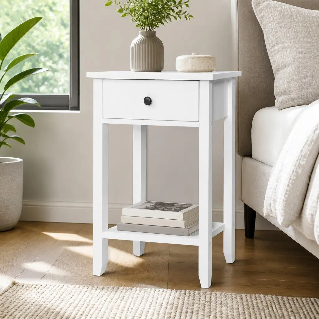 Bedside Table White 50cm Compact Storage with 1 Drawer and Shelf