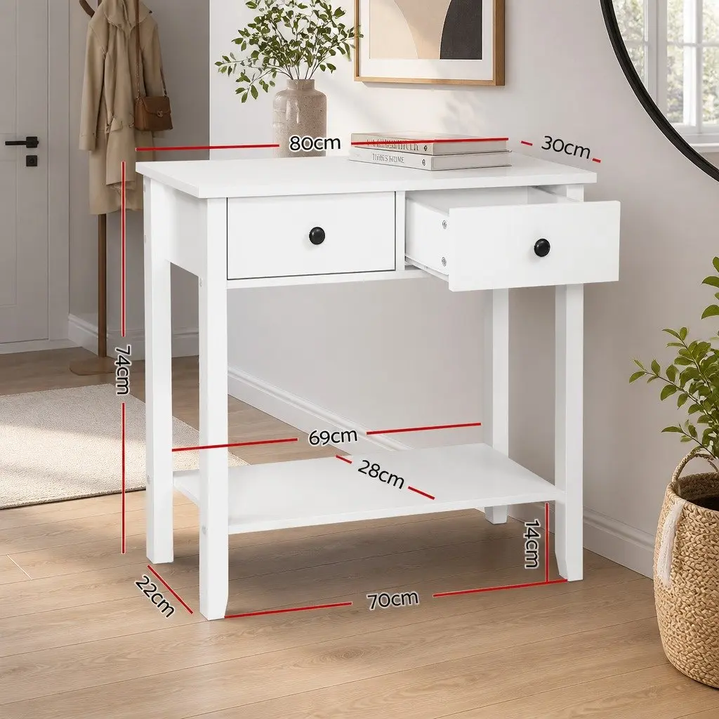 Console Table White 80cm Two Drawers Storage Display Furniture