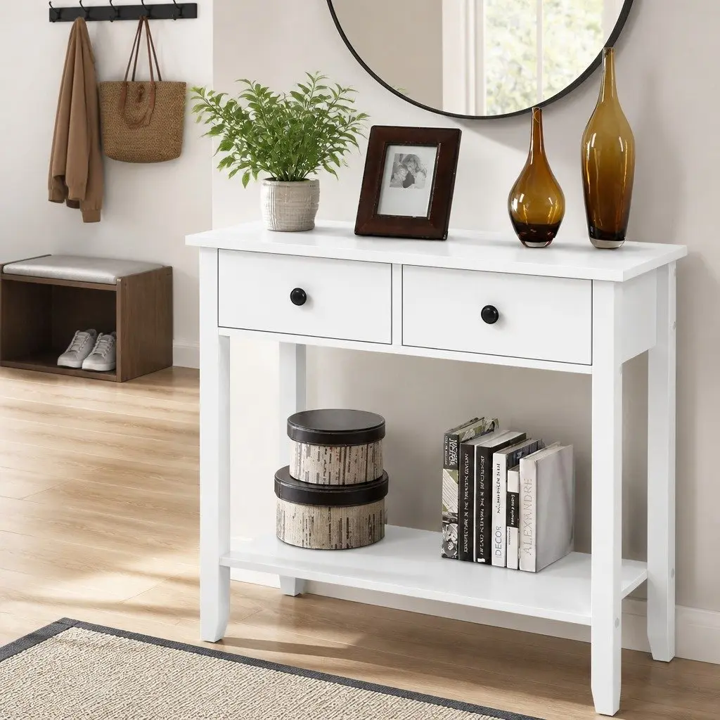 Console Table White 80cm Two Drawers Storage Display Furniture