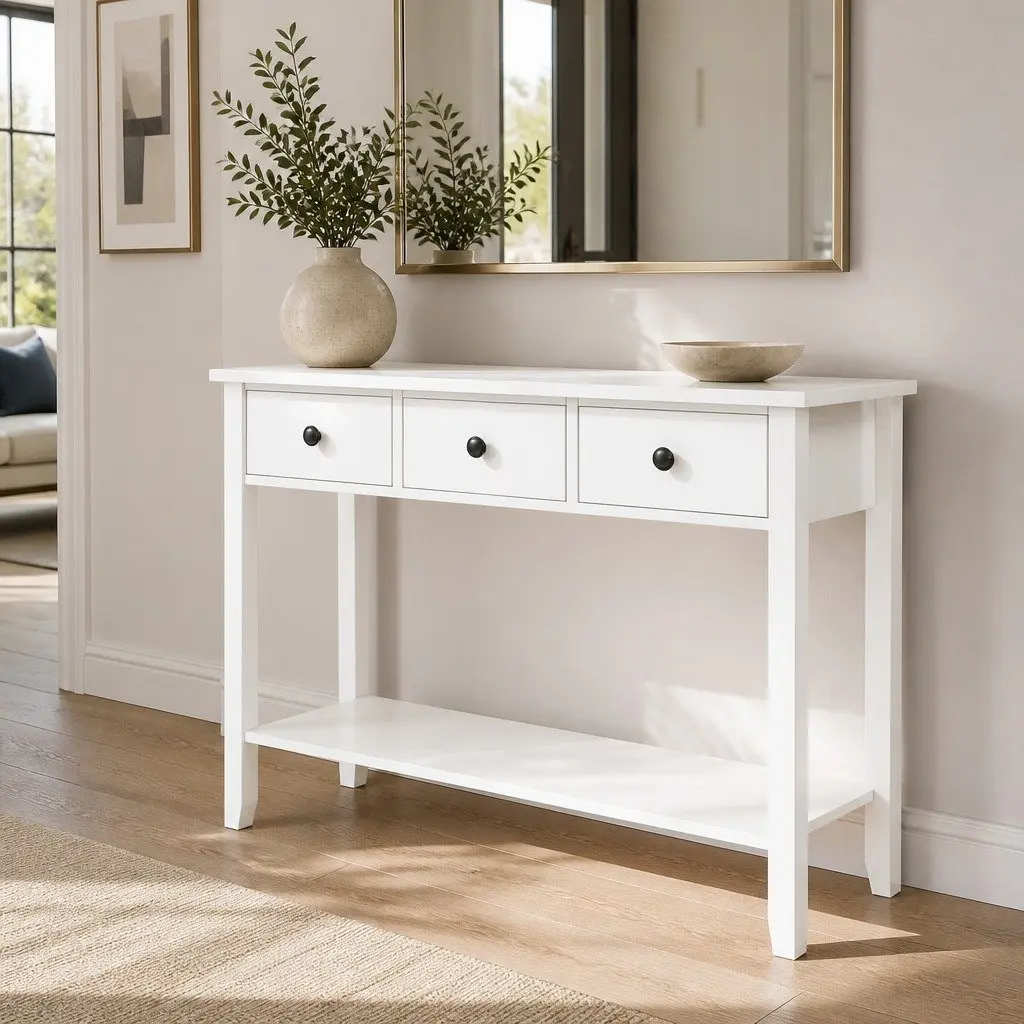 Console Table White 100CM Three Drawers Storage Furniture