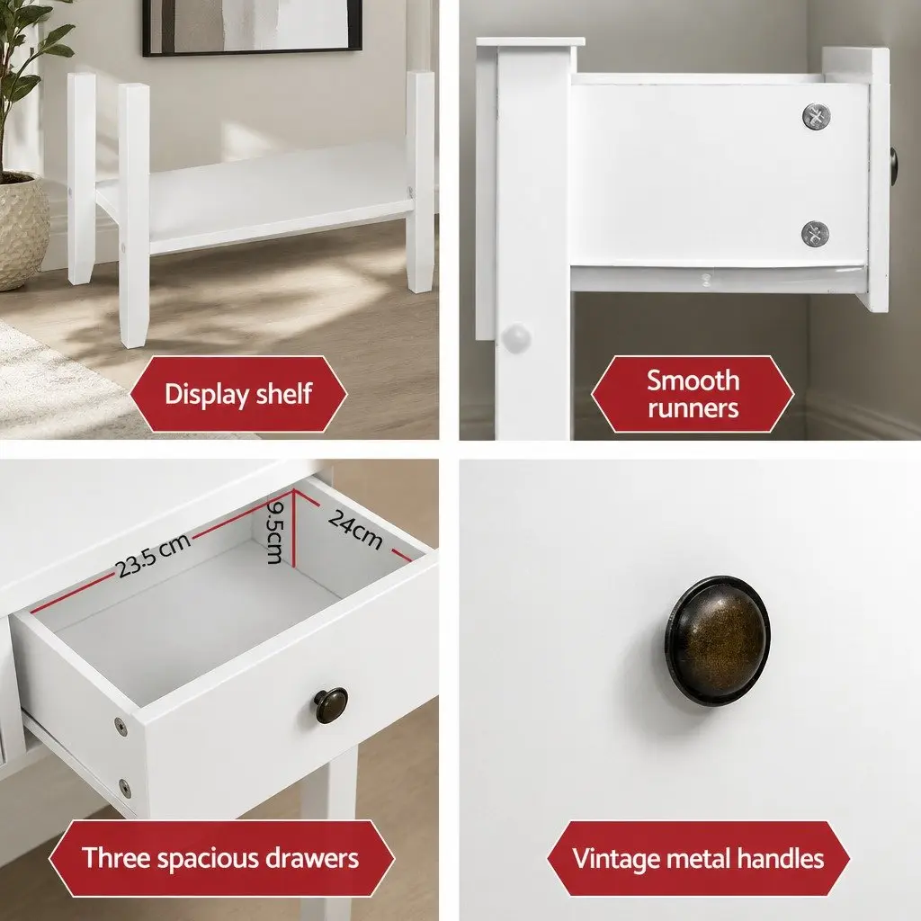 Console Table White 100CM Three Drawers Storage Furniture
