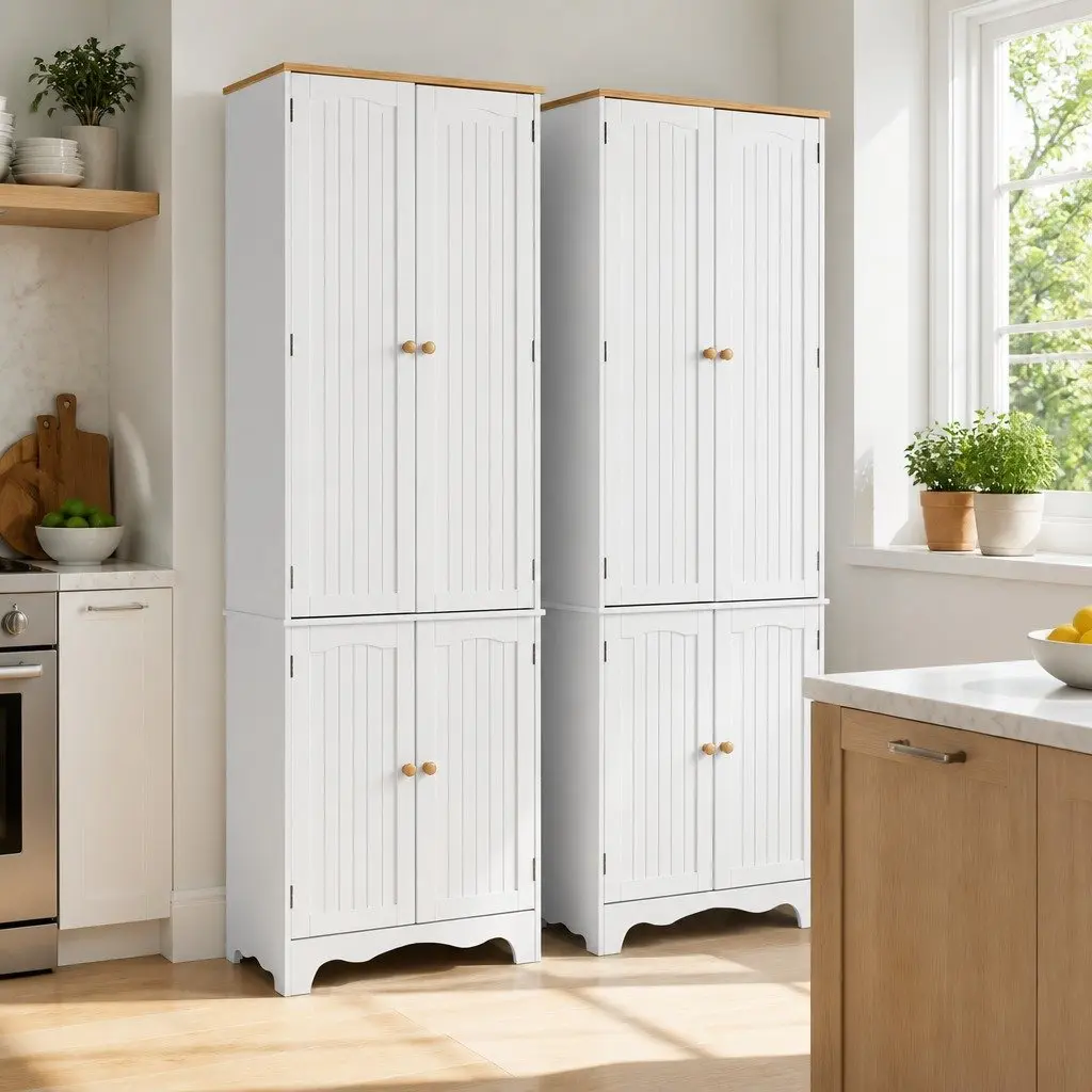 Buffet Sideboard Pantry Cabinet White 6-Tiers Storage Shelves Freestanding Cupboard