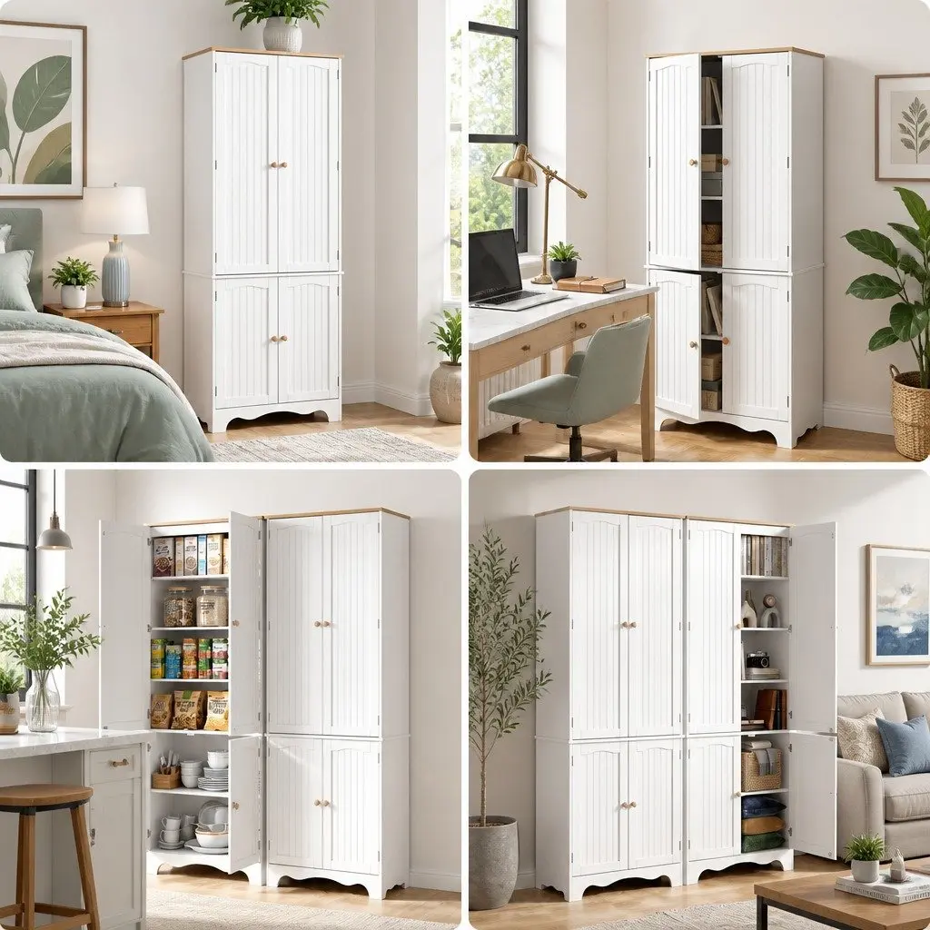 Buffet Sideboard Pantry Cabinet White 6-Tiers Storage Shelves Freestanding Cupboard