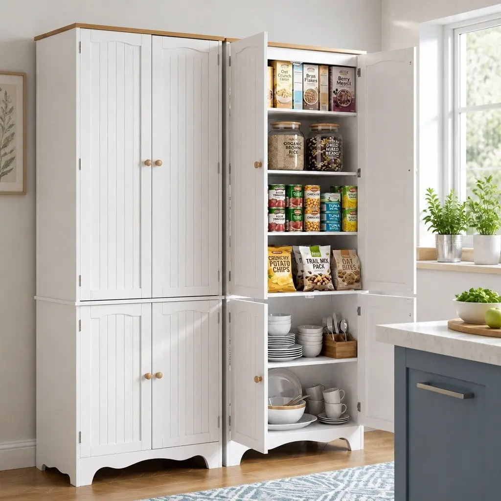 Buffet Sideboard Pantry Cabinet White 6-Tiers Storage Shelves Freestanding Cupboard