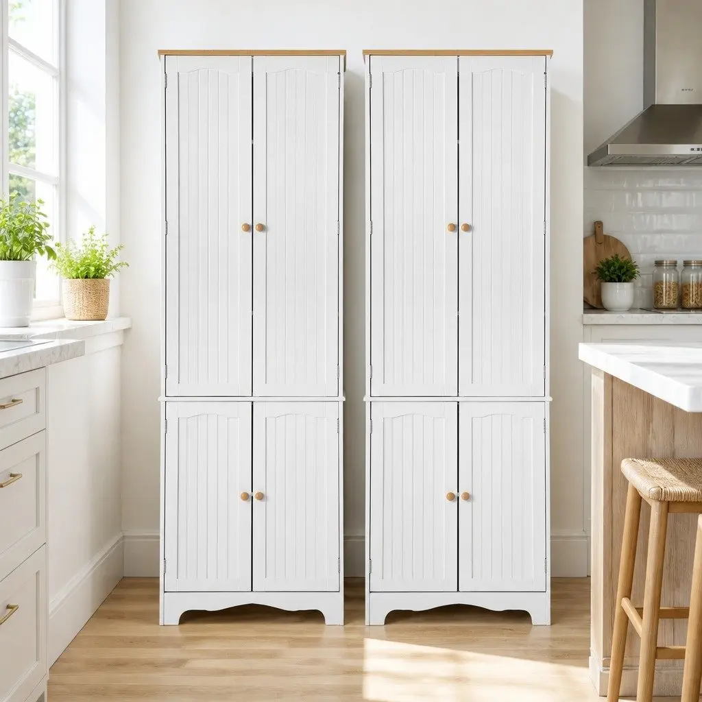 Buffet Sideboard Pantry Cabinet White 6-Tiers Storage Shelves Freestanding Cupboard