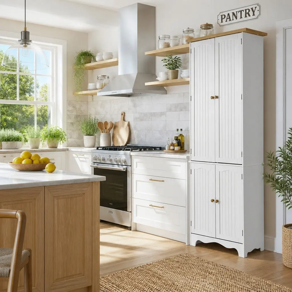 Buffet Sideboard Pantry Cabinet White 6-Tiers Storage Shelves Freestanding Cupboard