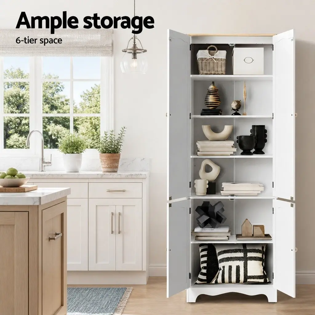 Buffet Sideboard Pantry Cabinet White 6-Tiers Storage Shelves Freestanding Cupboard