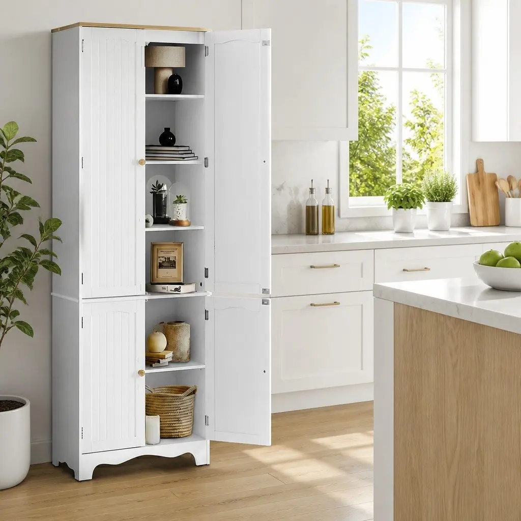 Buffet Sideboard Pantry Cabinet White 6-Tiers Storage Shelves Freestanding Cupboard