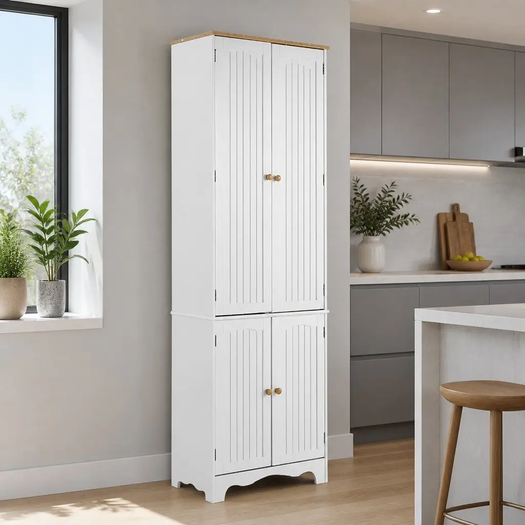 Tall Cupboard White 60cm x 30cm x 183cm Four Doors Magnetic Closure Six Tiers Shelving Storage