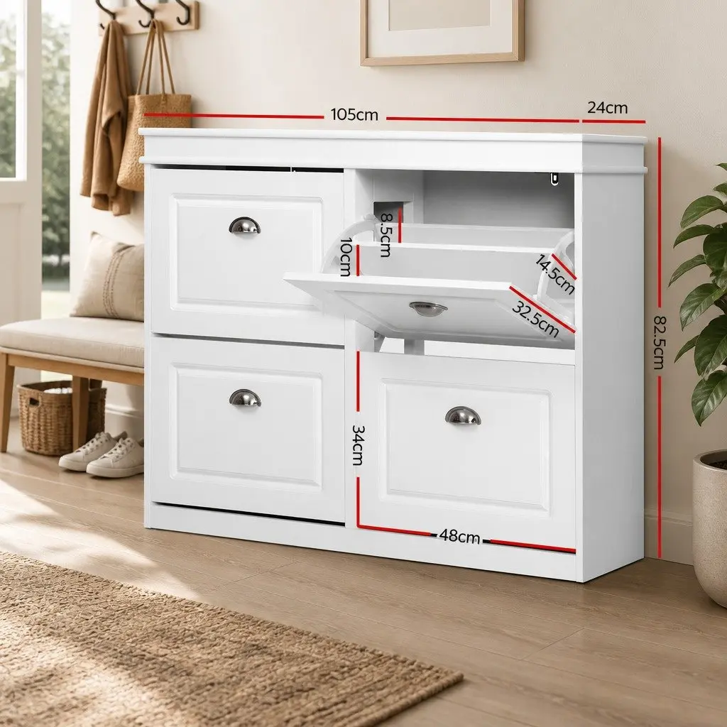 Shoe Storage Cabinet White 4-Tier Adjustable Shelves Organiser