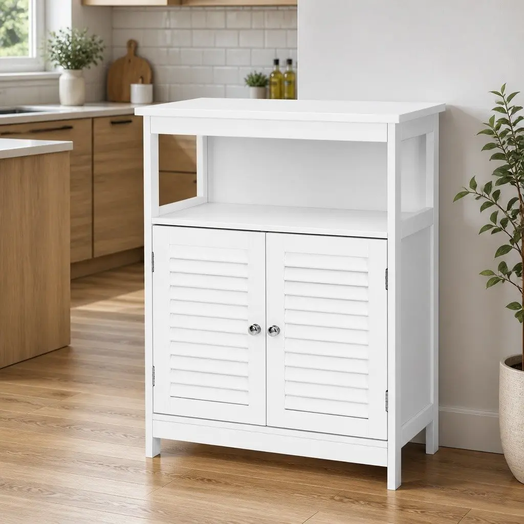 Buffet Sideboard White 60cm Louvred Cupboard with Open Shelf and Adjustable Shelving
