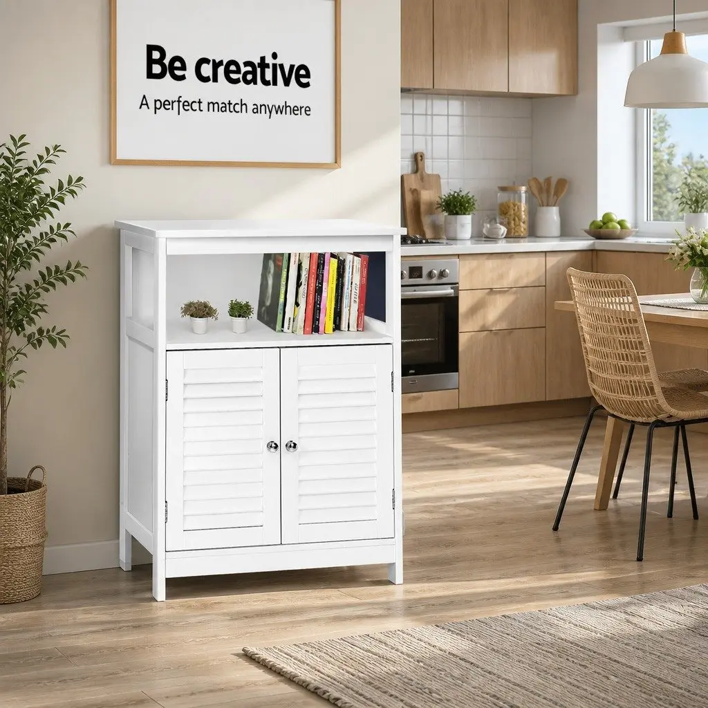 Buffet Sideboard White 60cm Louvred Cupboard with Open Shelf and Adjustable Shelving