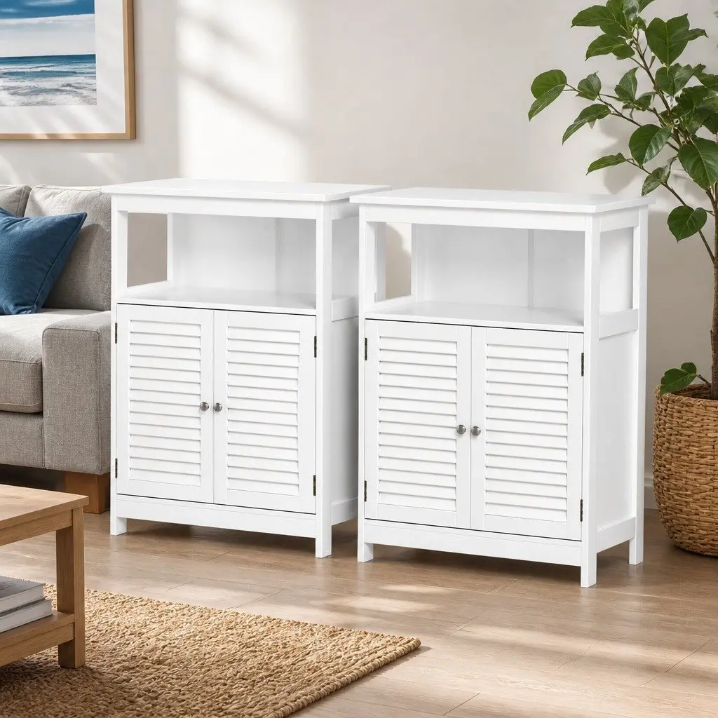 Buffet Sideboard Cabinet Set of 2 White Louvred Doors Kitchen Storage