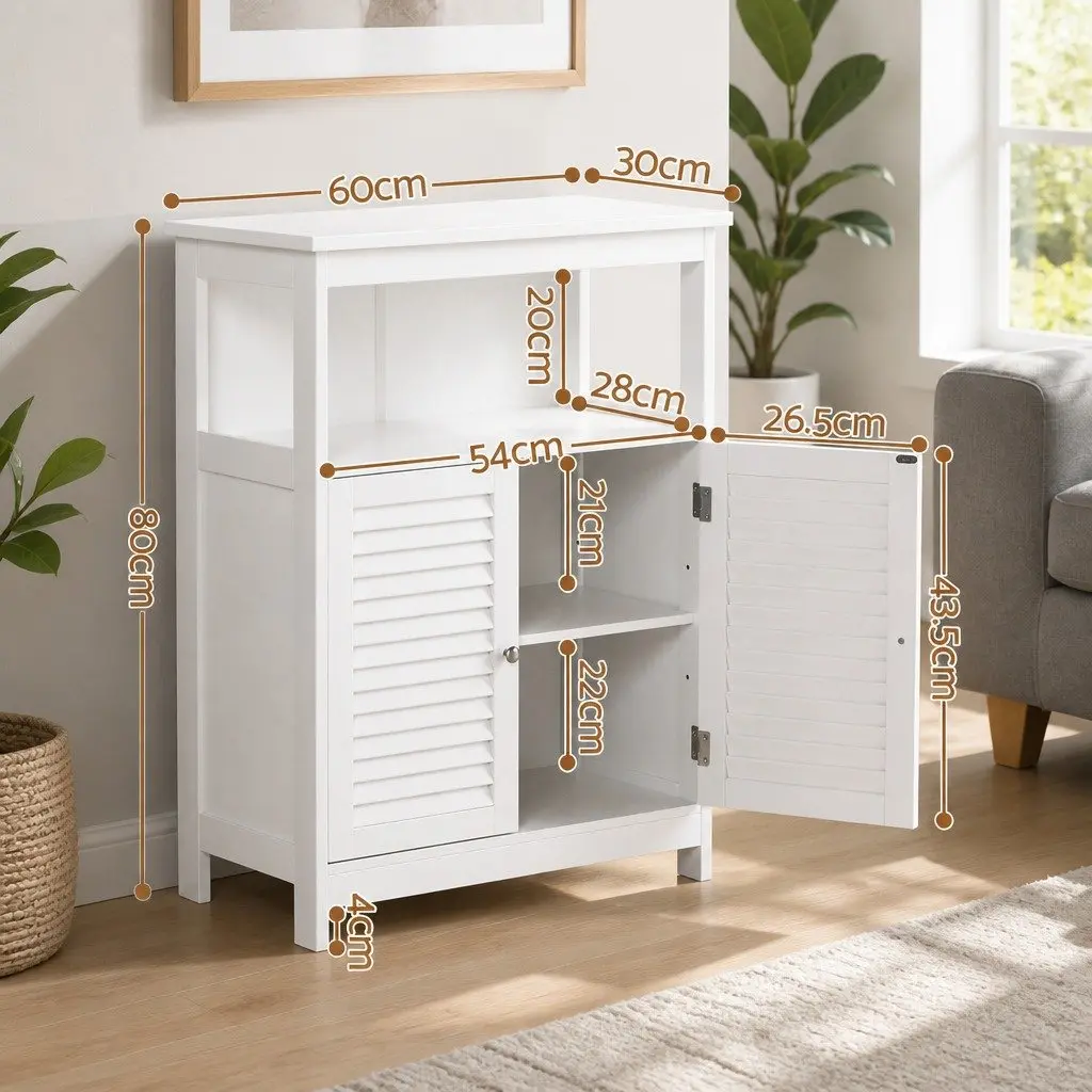 Buffet Sideboard Cabinet Set of 2 White Louvred Doors Kitchen Storage