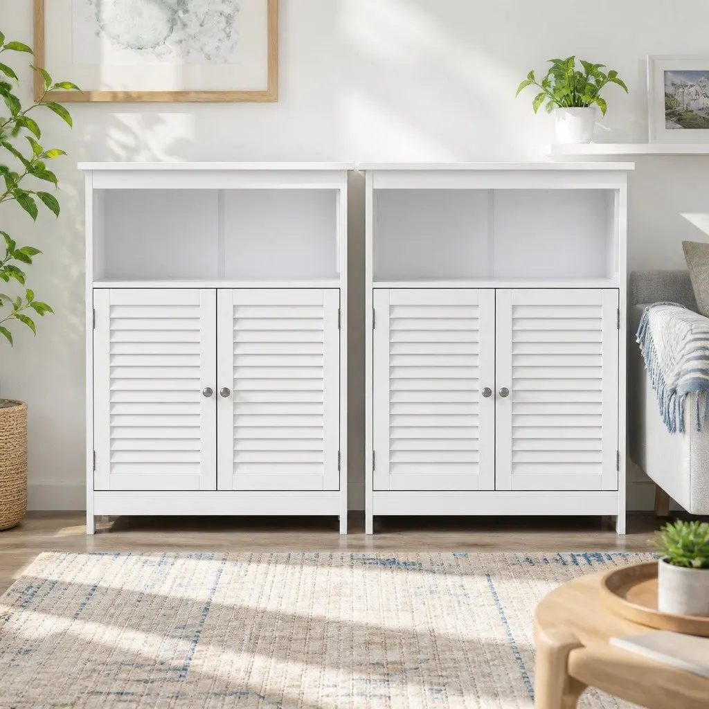 Buffet Sideboard Cabinet Set of 2 White Louvred Doors Kitchen Storage