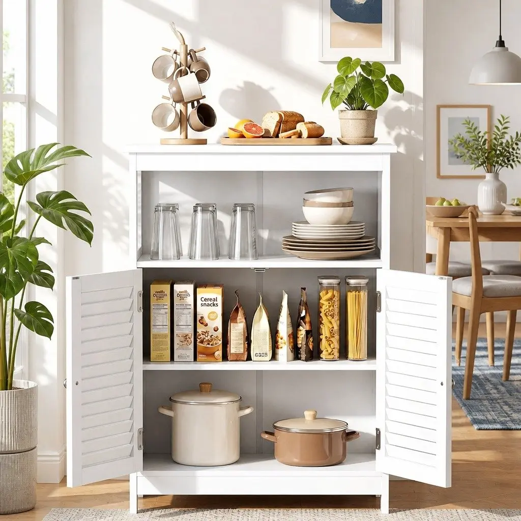 Buffet Sideboard Cabinet Set of 2 White Louvred Doors Kitchen Storage