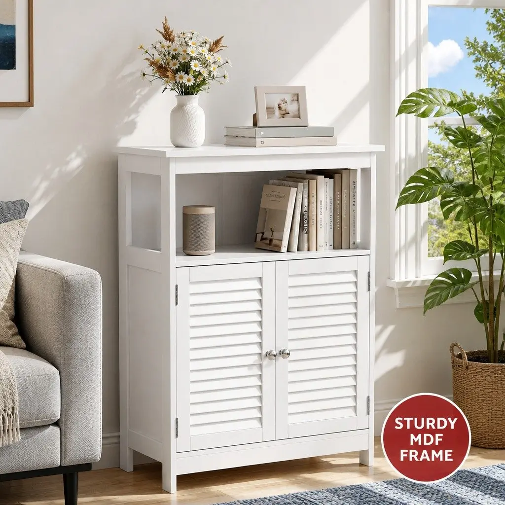 Buffet Sideboard Cabinet Set of 2 White Louvred Doors Kitchen Storage