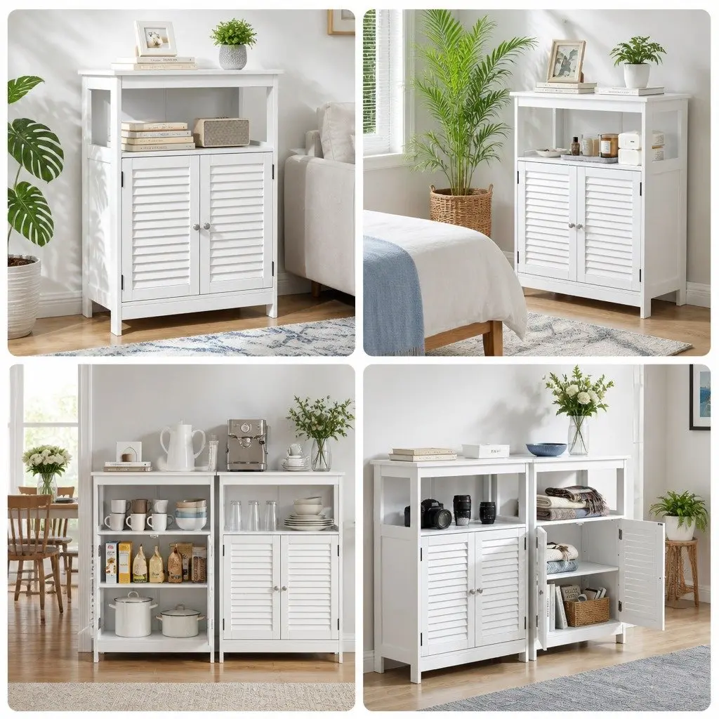 Buffet Sideboard Cabinet Set of 2 White Louvred Doors Kitchen Storage