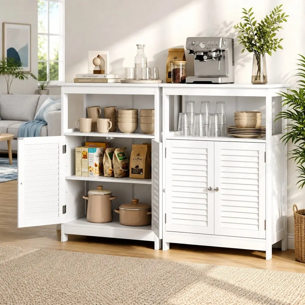 Buffet Sideboard Cabinet Set of 2 White Louvred Doors Kitchen Storage