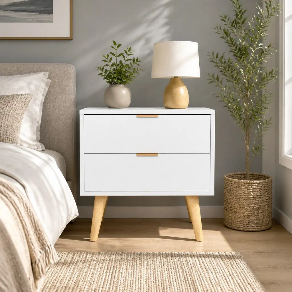 Bedside Table White 2 Drawers Aluminium Handles Bedroom Storage Nightstand