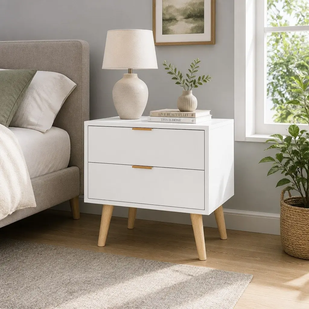 Bedside Table White 2 Drawers Aluminium Handles Bedroom Storage Nightstand