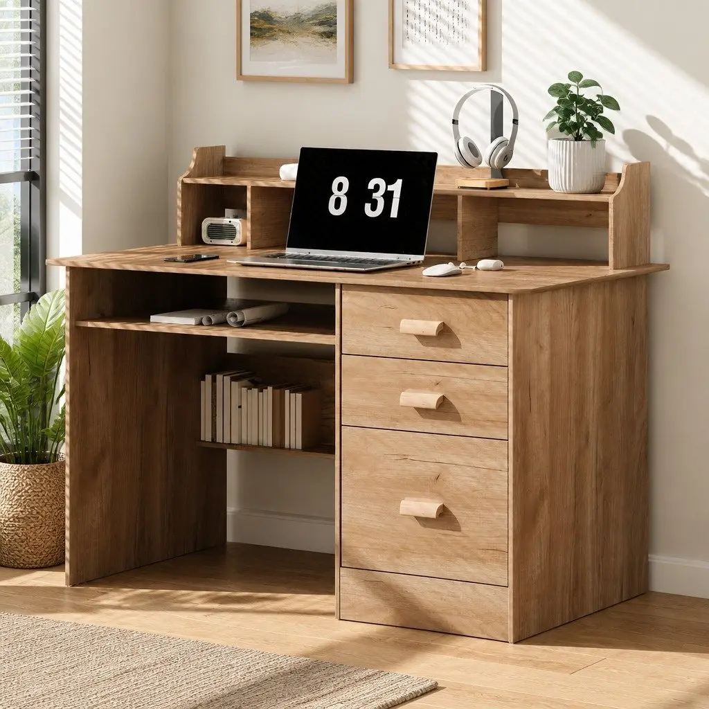 Computer Desk Pine 115x60x95cm with Shelves Drawers Storage Home Workstation