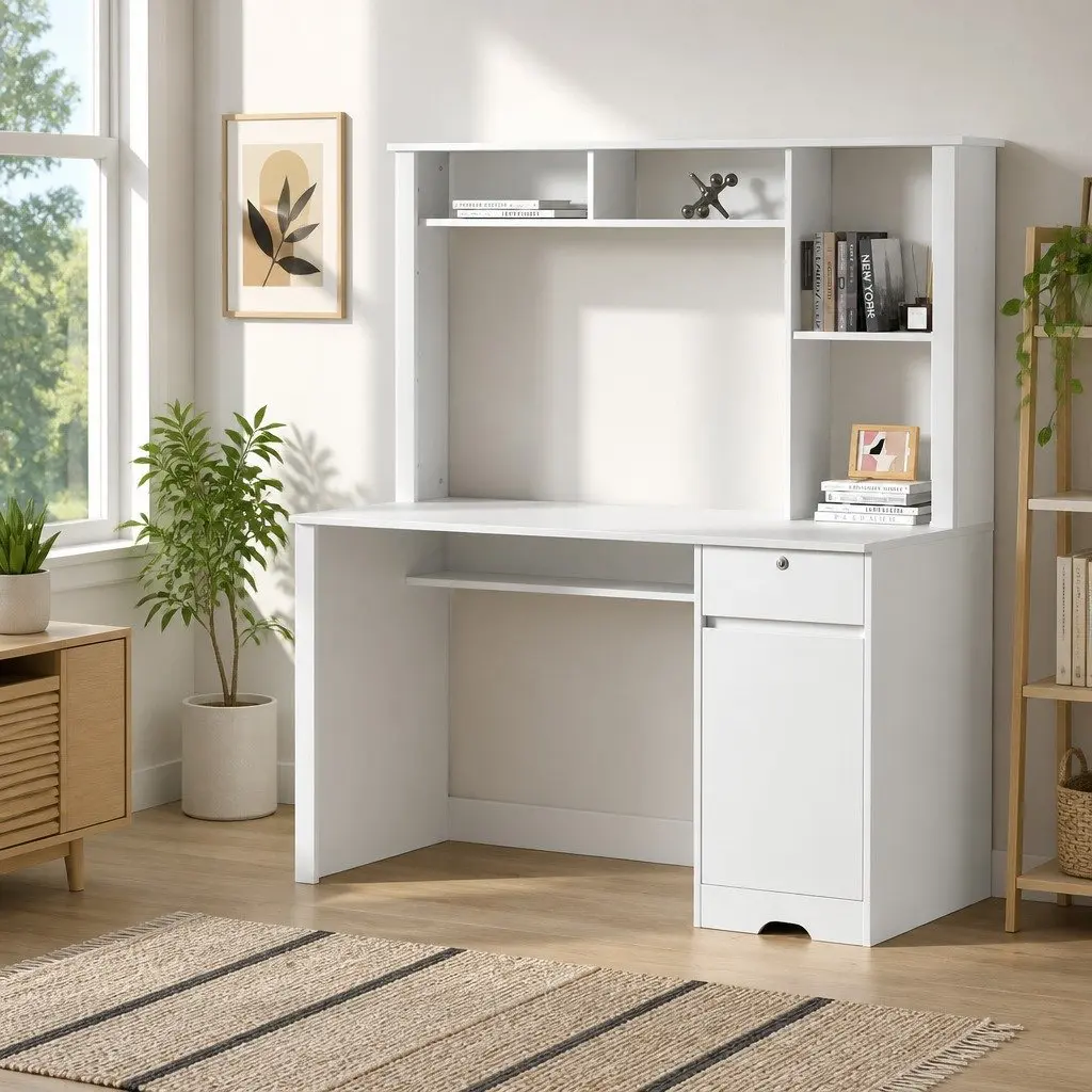 Computer Desk White 134cm Spacious Desktop Storage Drawer Bookshelf Cabinet