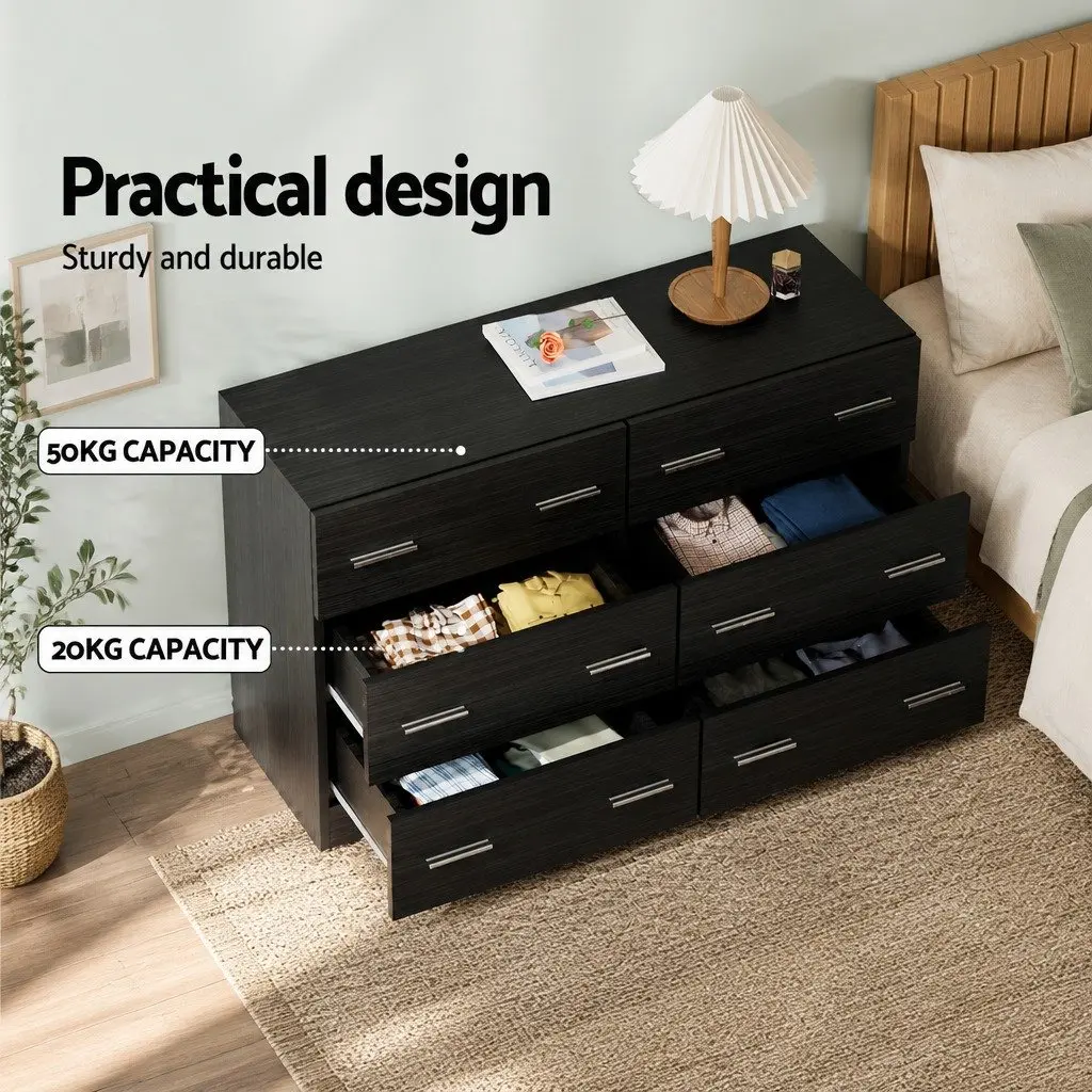 6 Drawer Chest Black Bedroom Storage Dresser Lowboy Furniture Organiser