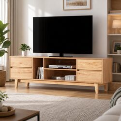 Entertainment Unit TV Cabinet Storage Drawers Open Shelves 180cm Natural Wood