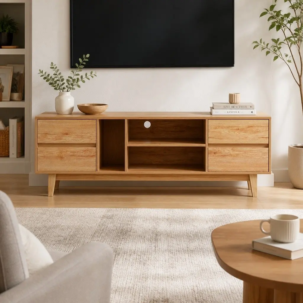 TV Unit Natural Wood 180cm Lowline Entertainment Cabinet with Storage Drawers and Open Shelves