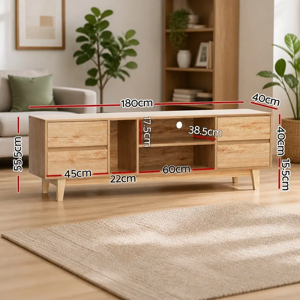 TV Unit Natural Wood 180cm Lowline Entertainment Cabinet with Storage Drawers and Open Shelves