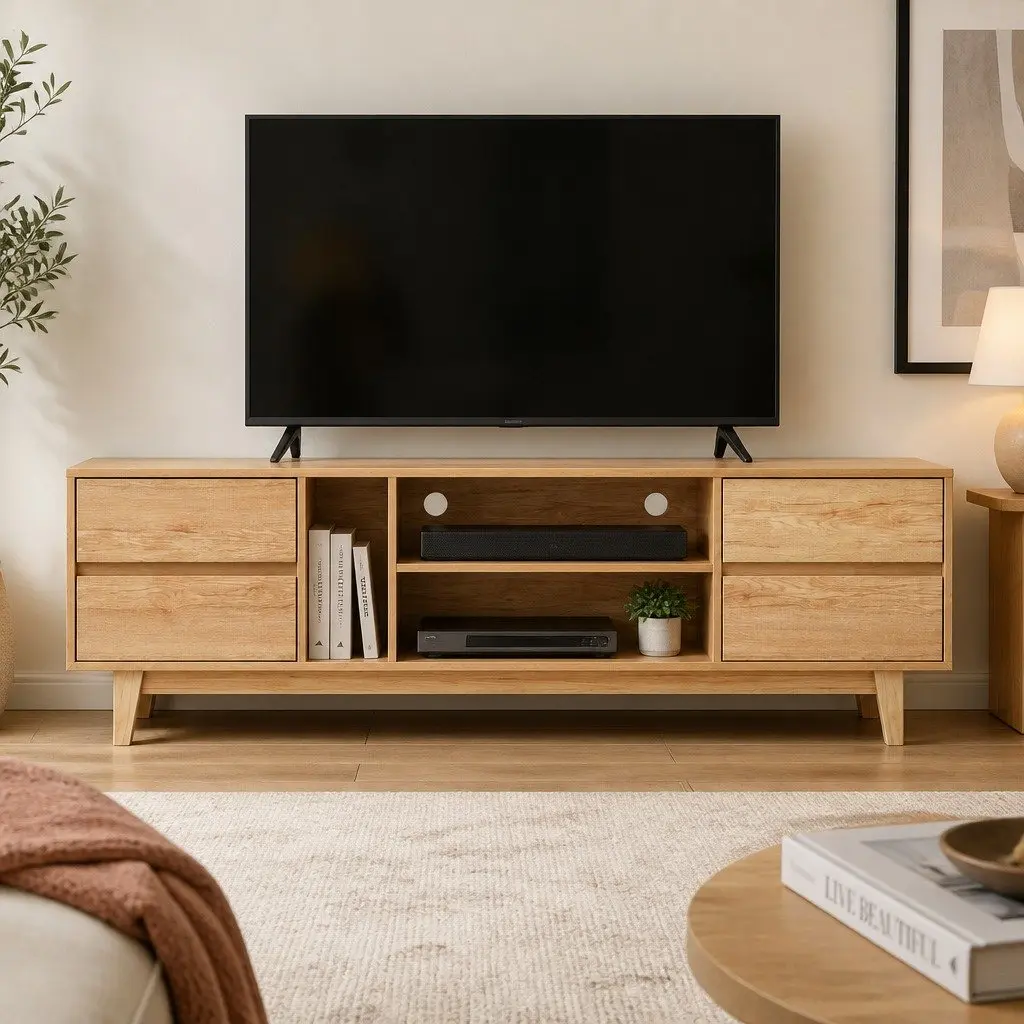 TV Unit Natural Wood 180cm Lowline Entertainment Cabinet with Storage Drawers and Open Shelves