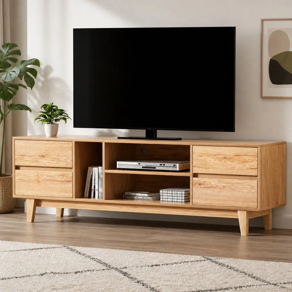 TV Unit Natural Wood 180cm Lowline Entertainment Cabinet with Storage Drawers and Open Shelves