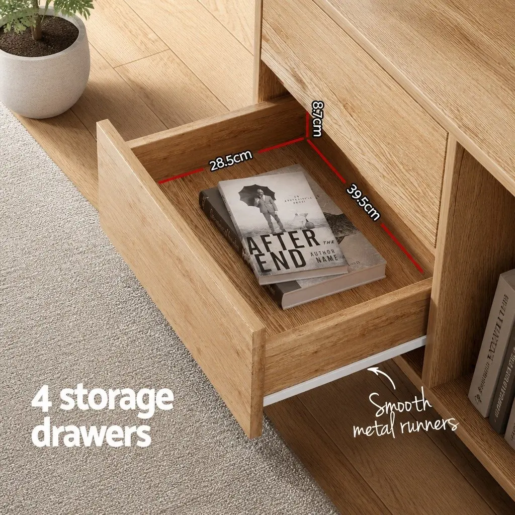 TV Unit Natural Wood 180cm Lowline Entertainment Cabinet with Storage Drawers and Open Shelves