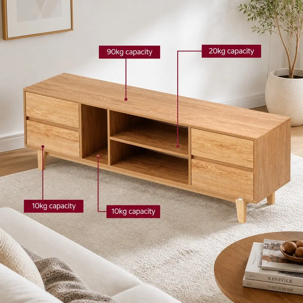 TV Unit Natural Wood 180cm Lowline Entertainment Cabinet with Storage Drawers and Open Shelves