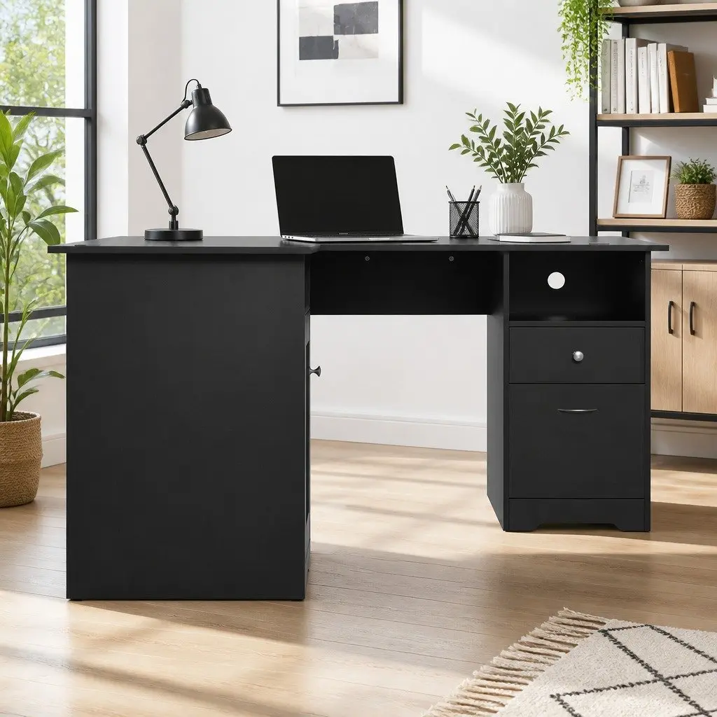 L-Shaped Computer Desk Home Office Study Corner Table Storage Drawers Cabinet