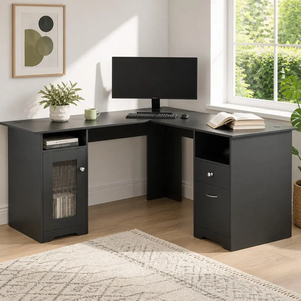 L-Shaped Computer Desk Home Office Study Corner Table Storage Drawers Cabinet