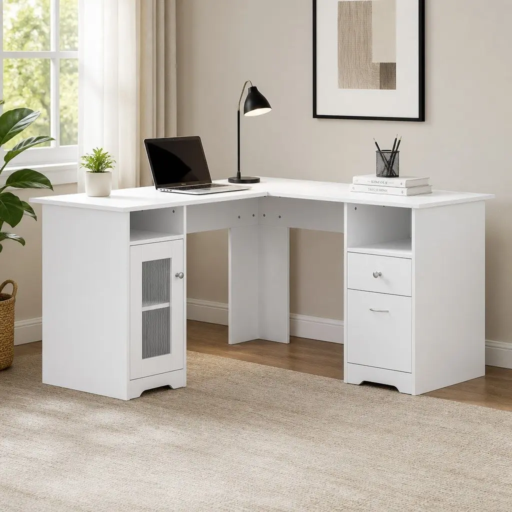 L-Shape Computer Desk White 150cm Spacious Desktop Storage Cabinet Drawers Shelves