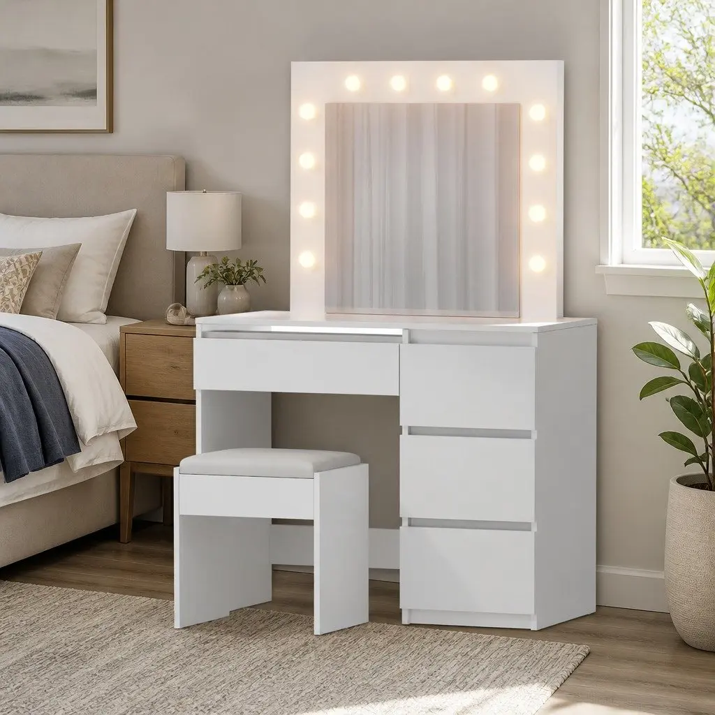 LED Dressing Table with Mirror and Stool