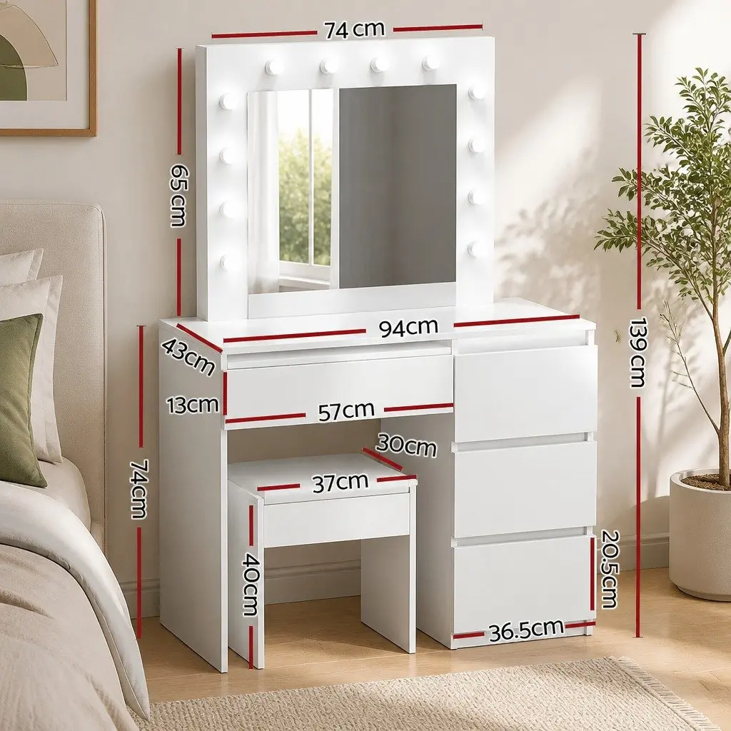 LED Dressing Table White 94cm Illuminated Mirror with 12 Bulbs and 4 Drawers Soft Padded Stool