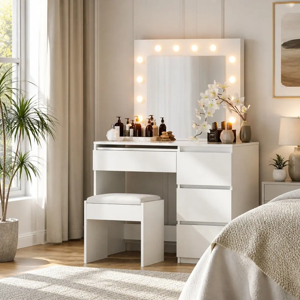 LED Dressing Table White 94cm Illuminated Mirror with 12 Bulbs and 4 Drawers Soft Padded Stool