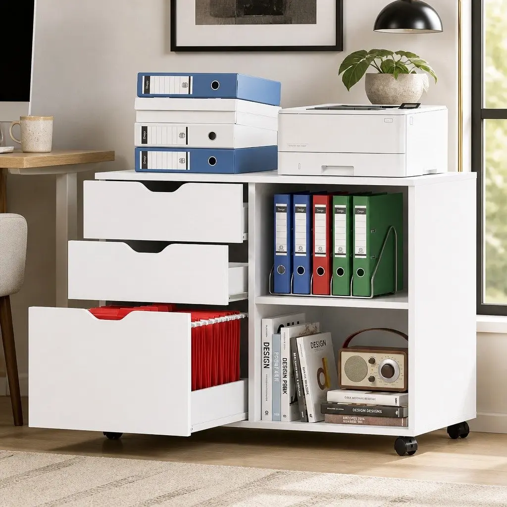 3 Drawer Mobile Filing Cabinet White Printer Stand with Wheels for Home Office Storage