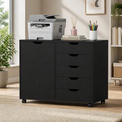Mobile Filing Cabinet 5 Drawer Storage Unit with Door Black Home Office