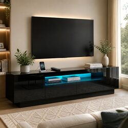 Compact 180cm Black TV Unit with LED Lighting System