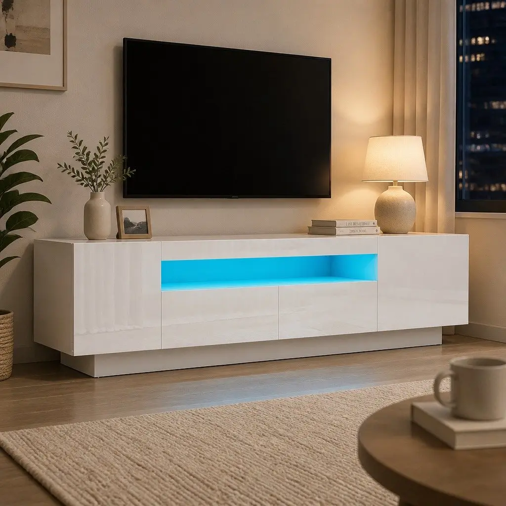TV Unit White 180cm 2 Drawers RGB LED Lighting