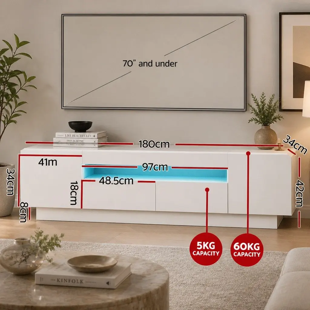 TV Unit White 180cm 2 Drawers RGB LED Lighting