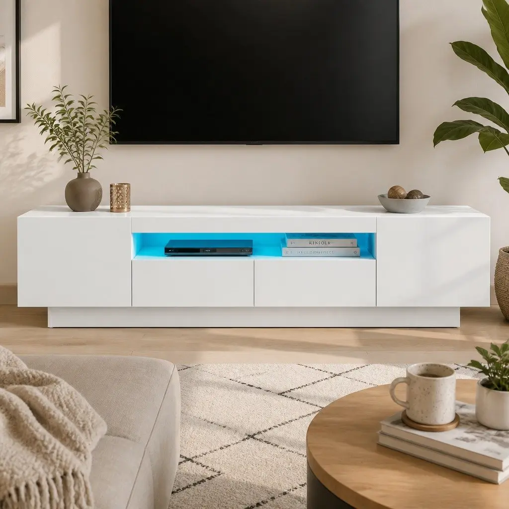 TV Unit White 180cm 2 Drawers RGB LED Lighting