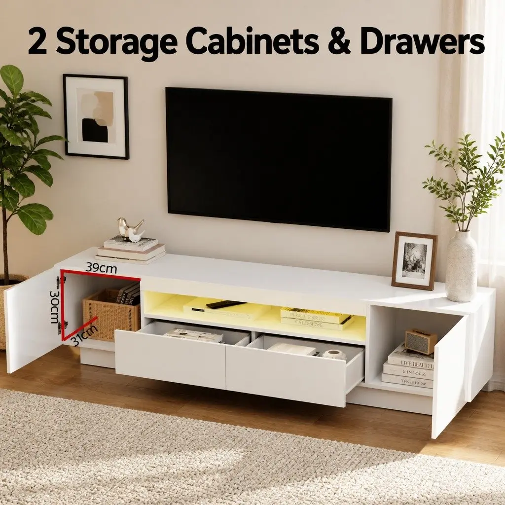 TV Unit White 180cm 2 Drawers RGB LED Lighting
