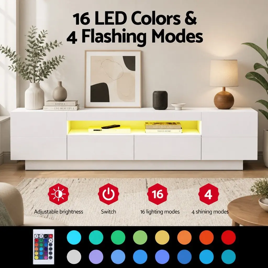 TV Unit White 180cm 2 Drawers RGB LED Lighting