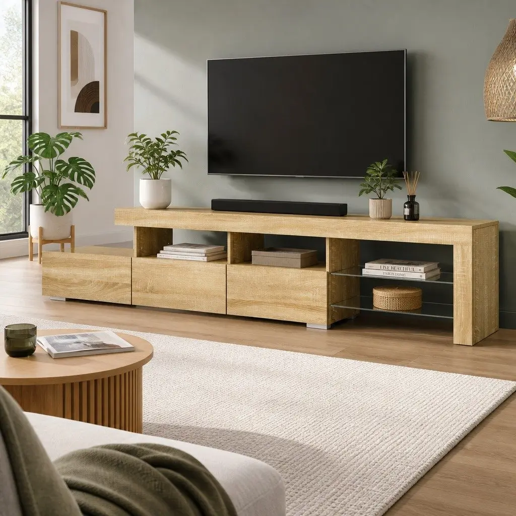 Entertainment Unit Pine Wood 215cm LED Customisable RGB Lighting Storage Display